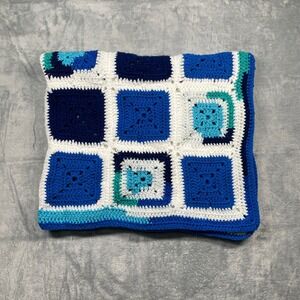 Handmade Granny Square Crochet Blanket Blue White Teal Throw Cozy 39 x 32